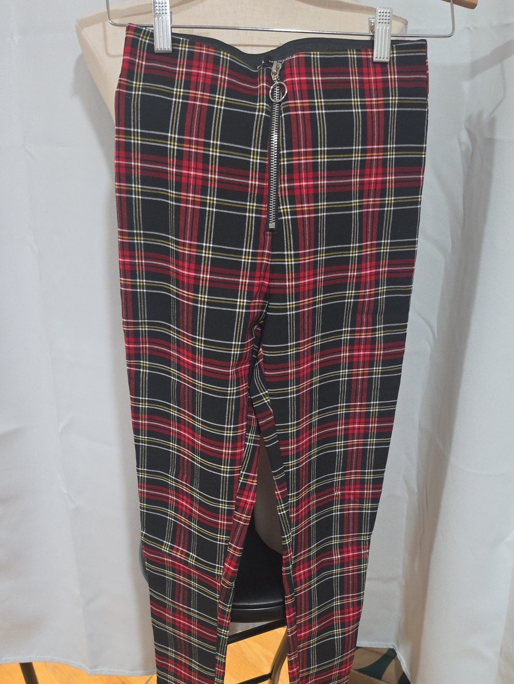 Zara Red & Black Tartan Zip-Front Chinos